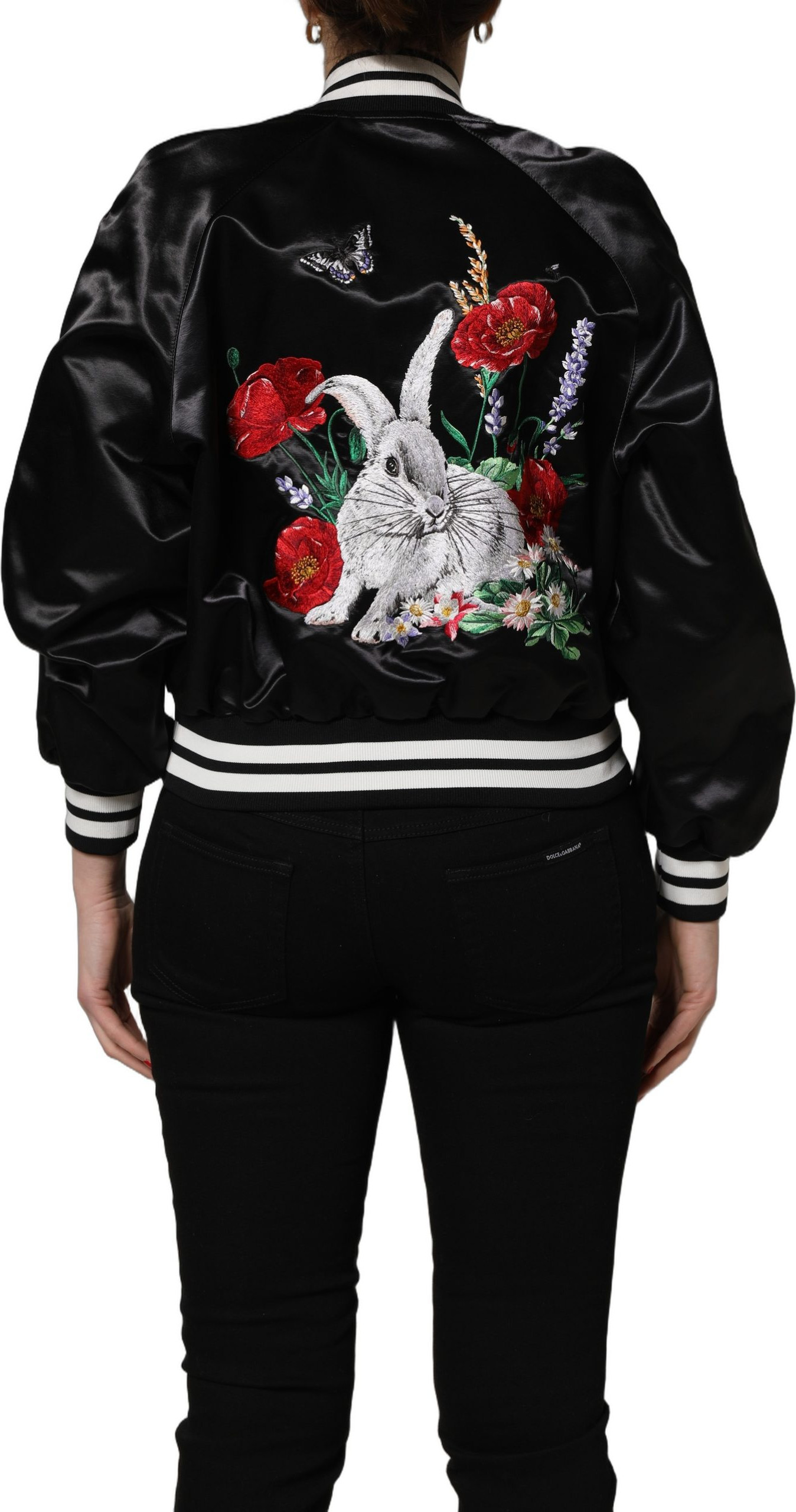 Bomber Jacket Dolce & Gabbana Black Satin Floral Embroidery