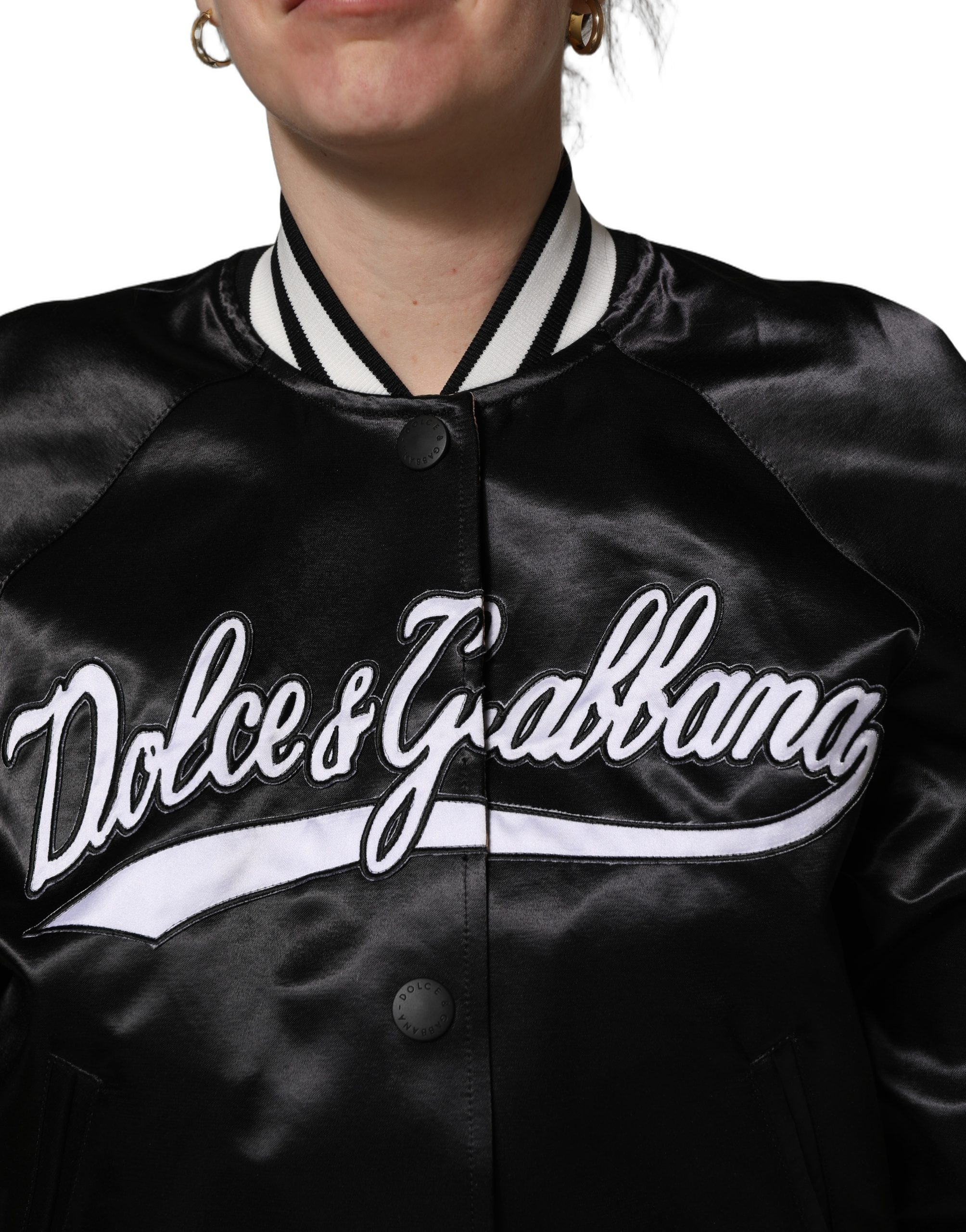 Bomber Jacket Dolce & Gabbana Black Satin Floral Embroidery