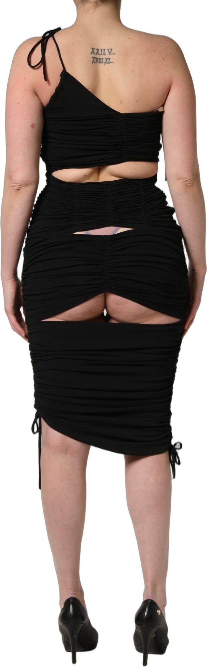 Black Jersey Calf Length Cut-Out Ruched Dress Dolce & Gabbana