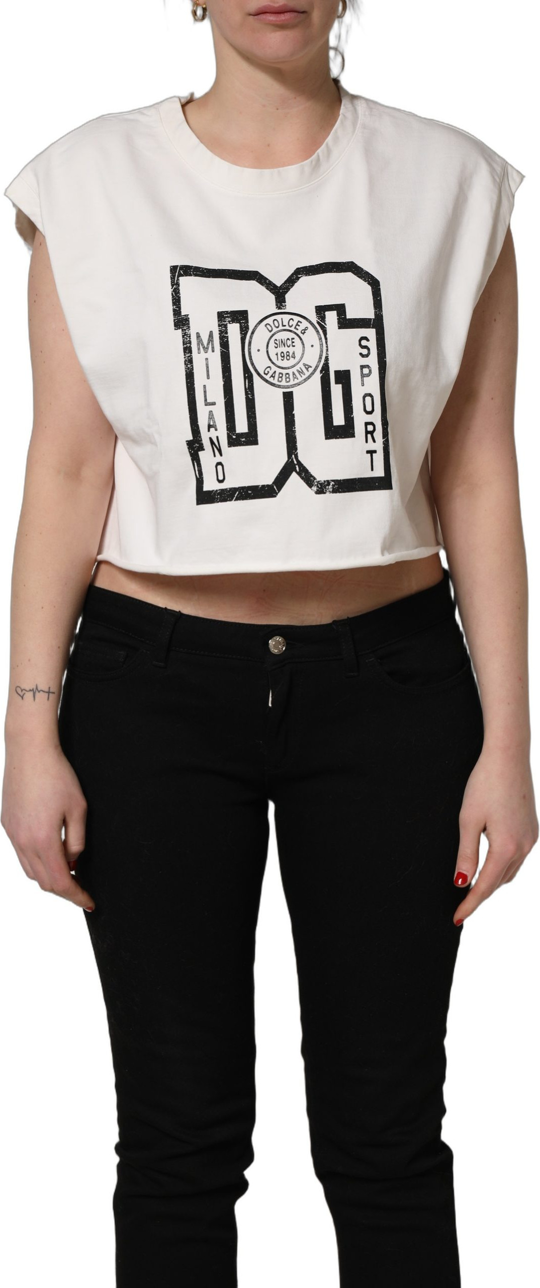 Dolce & Gabbana White Cotton DG Logo Print Cropped Jersey Top