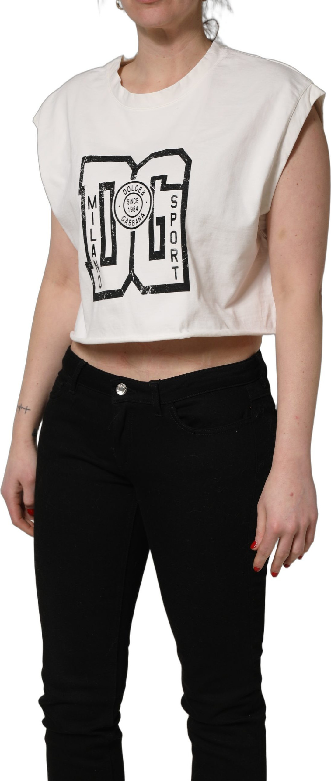 Dolce & Gabbana White Cotton DG Logo Print Cropped Jersey Top