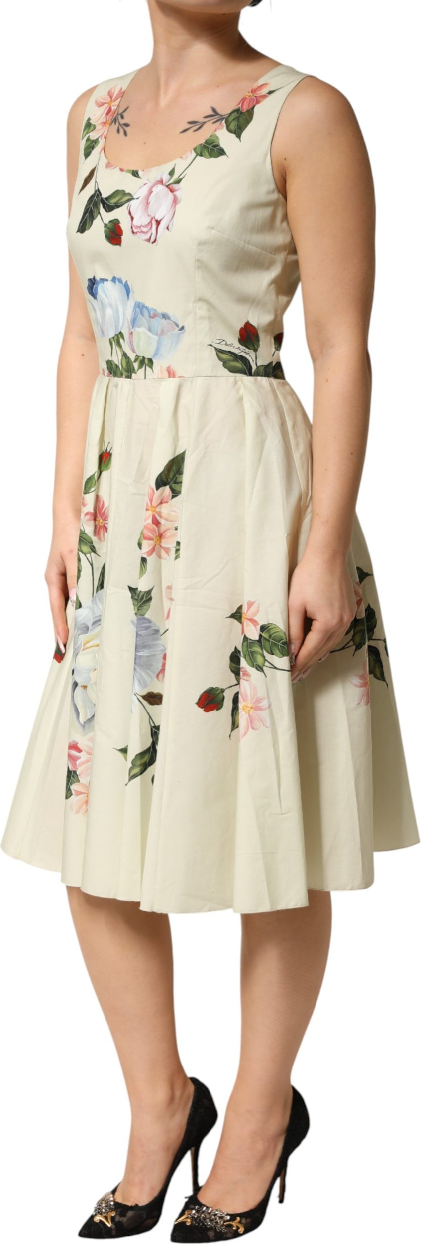 Dress Beige Floral Sleeveless A-line Midi
