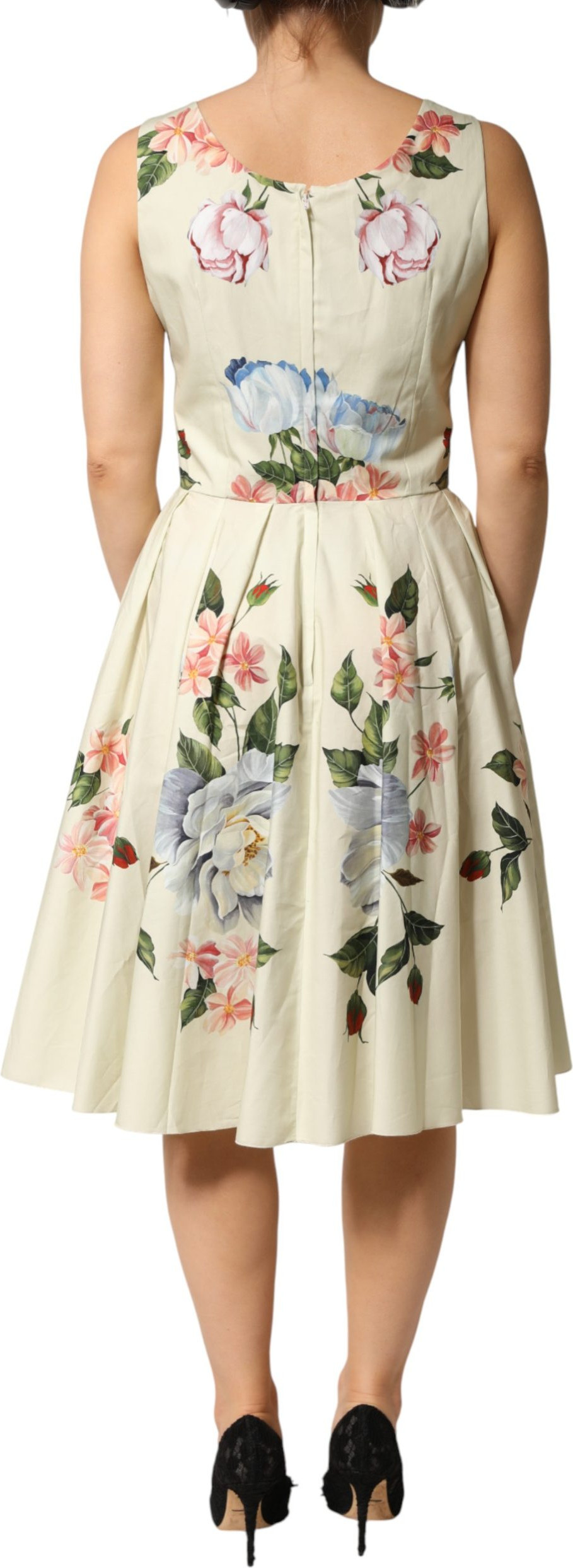 Dress Beige Floral Sleeveless A-line Midi