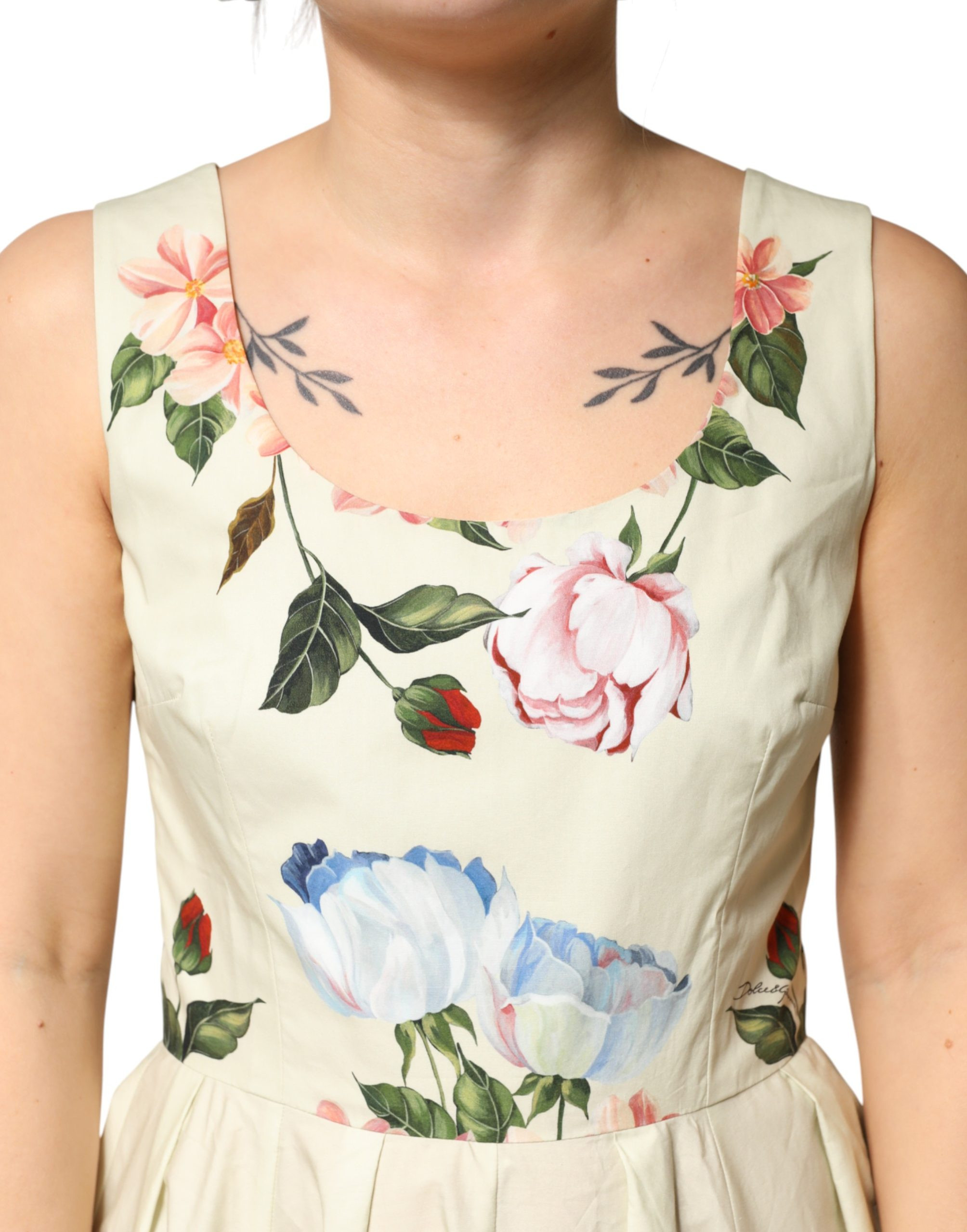 Dress Beige Floral Sleeveless A-line Midi