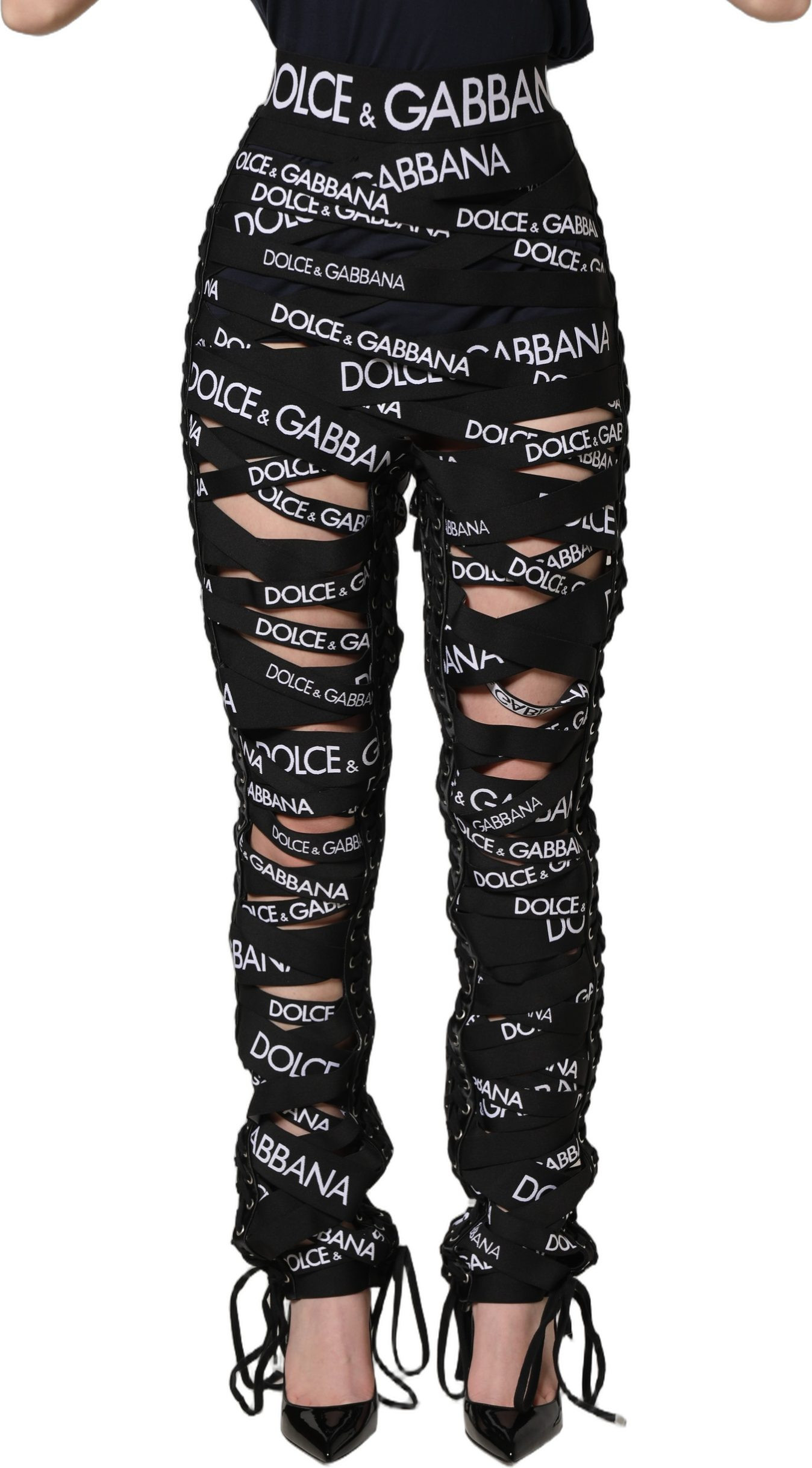 Pants Dolce & Gabbana Black Logo Tape Cut Out Skinny High Waist