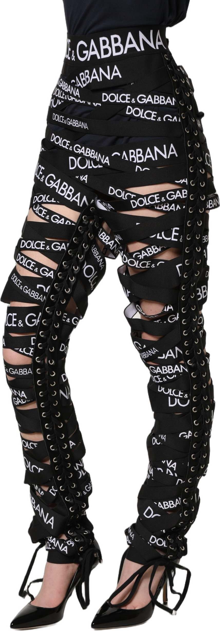 Pants Dolce & Gabbana Black Logo Tape Cut Out Skinny High Waist