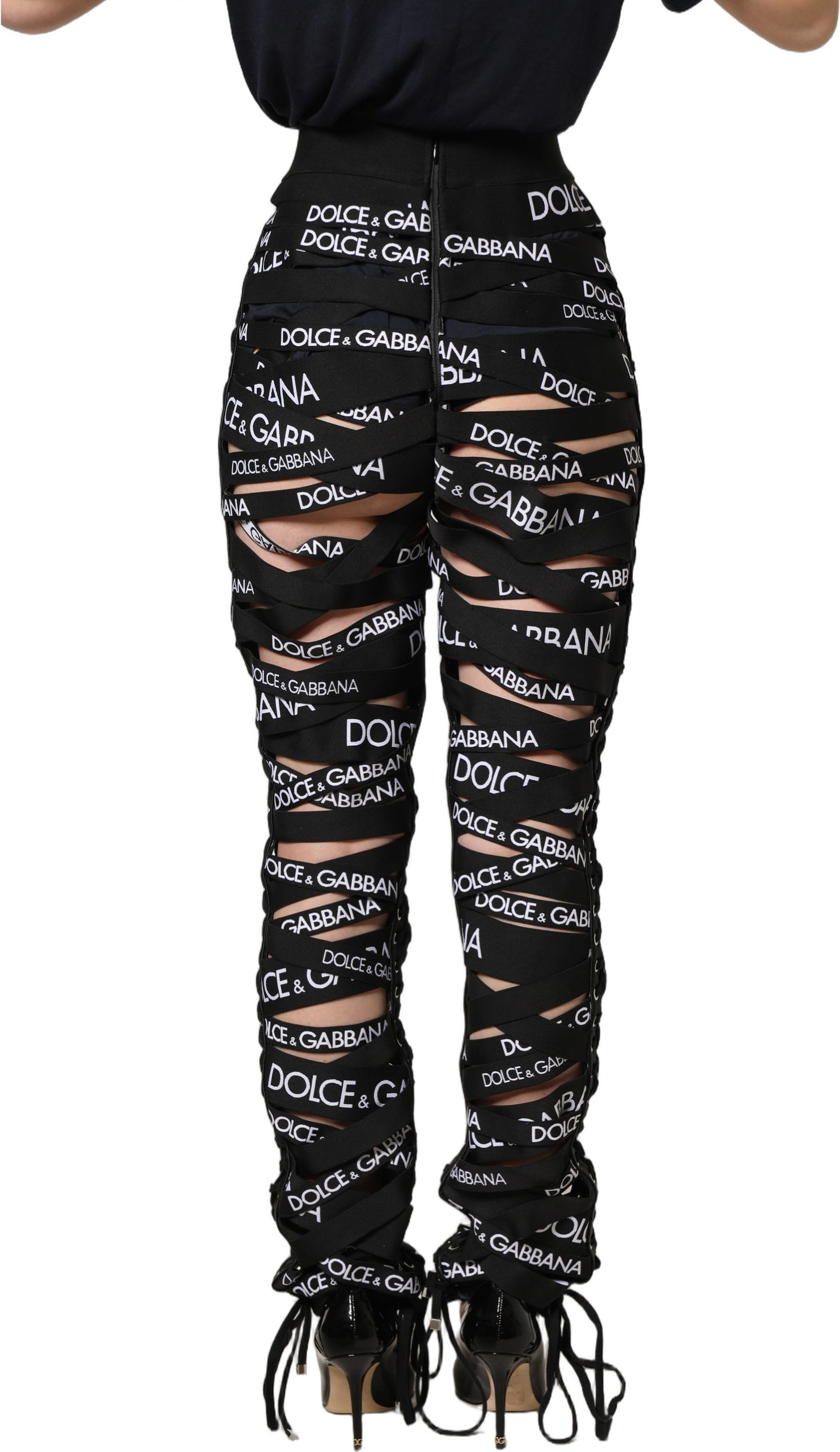 Pants Dolce & Gabbana Black Logo Tape Cut Out Skinny High Waist