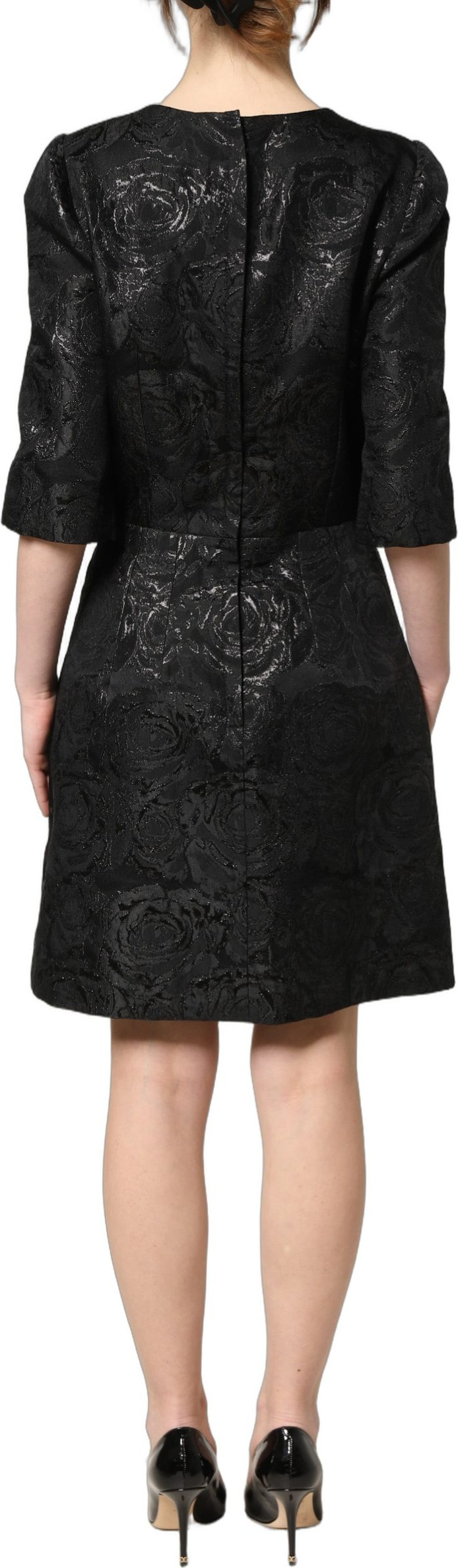 Kleid Dolce & Gabbana Schwarzes Blumen-Jacquard-Wickelkleid in A-Linie