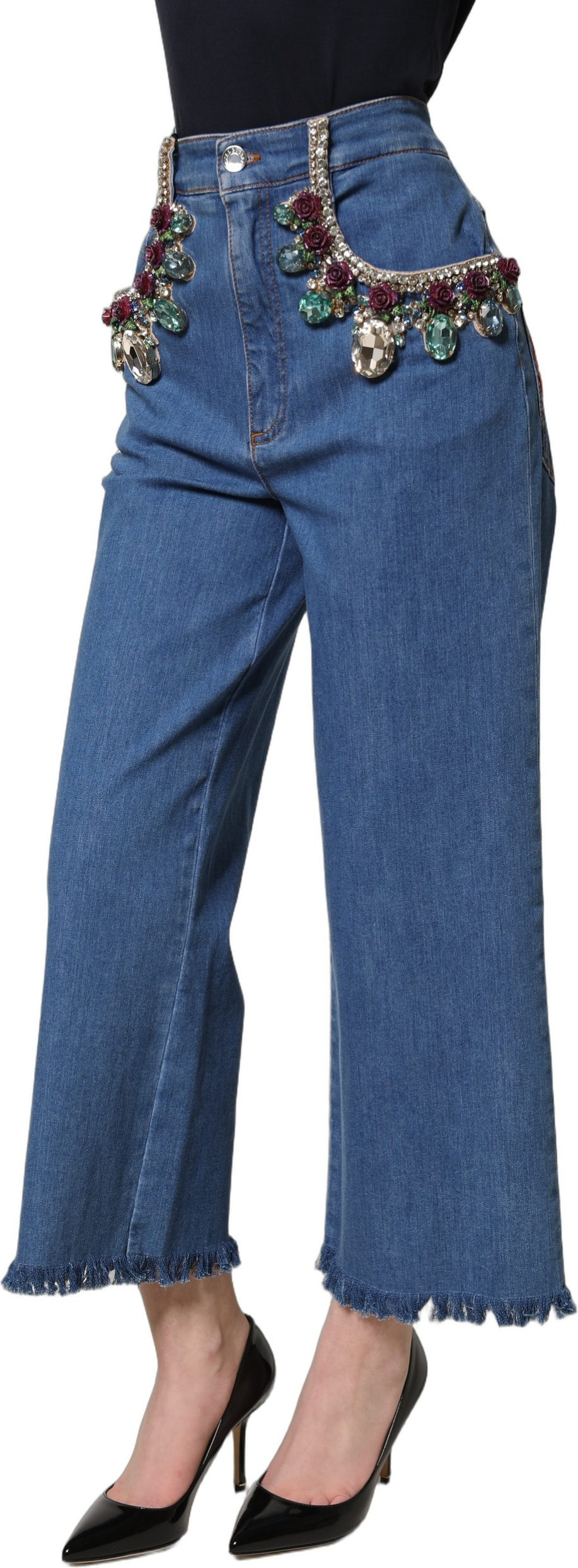 Jeans Dolce & Gabbana Blau Kristall-Verzierungen Weit Cropped