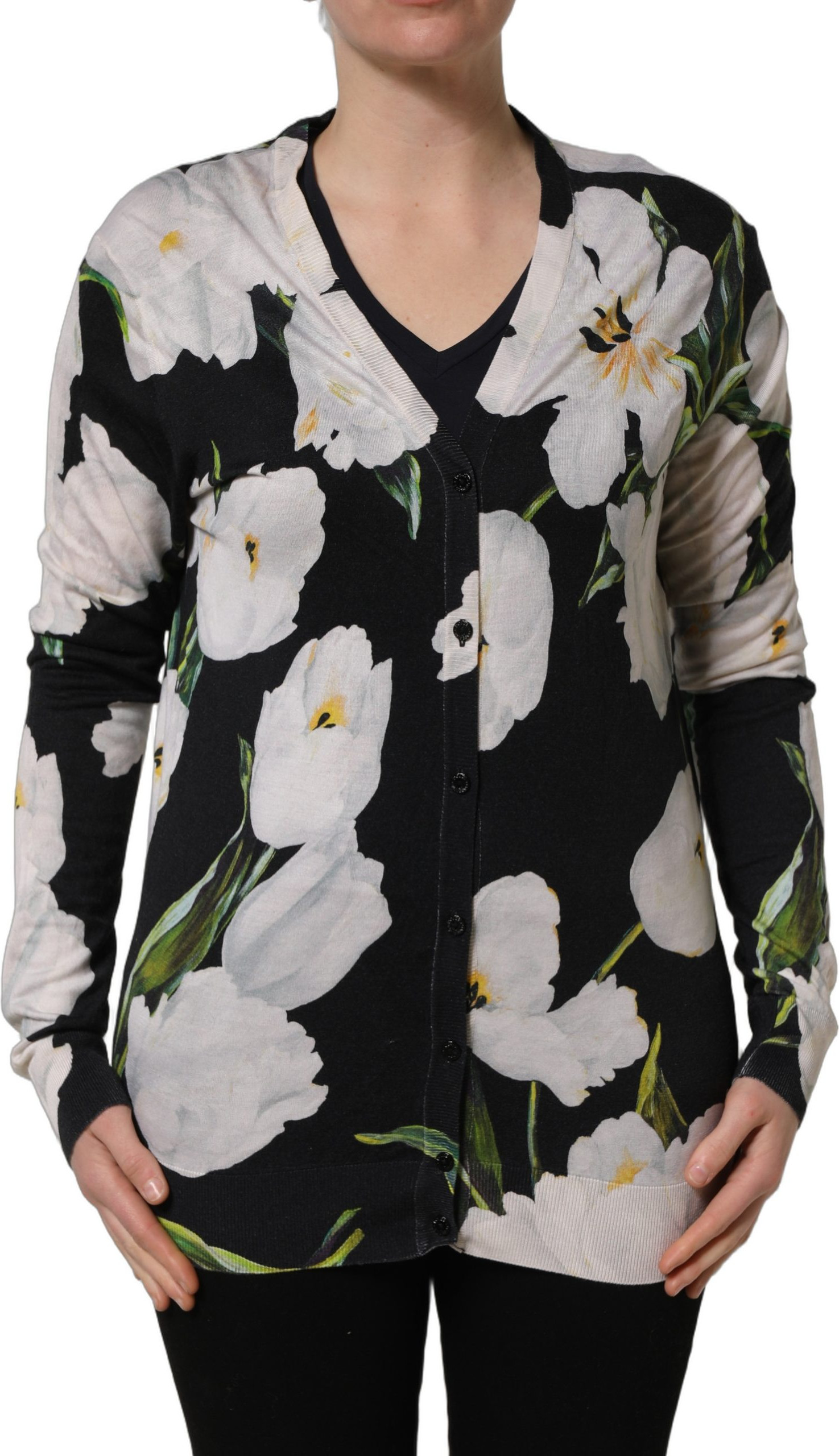 Dolce & Gabbana Black Floral Cashmere Silk Cardigan Sweater