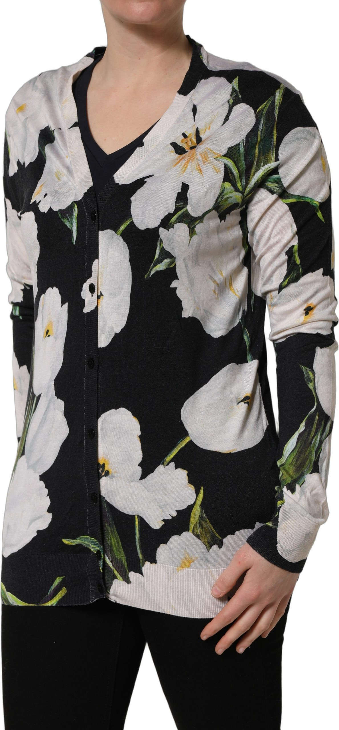 Dolce & Gabbana Schwarzer Damen Cardigan aus Kaschmir und Seide mit Blumenmuster