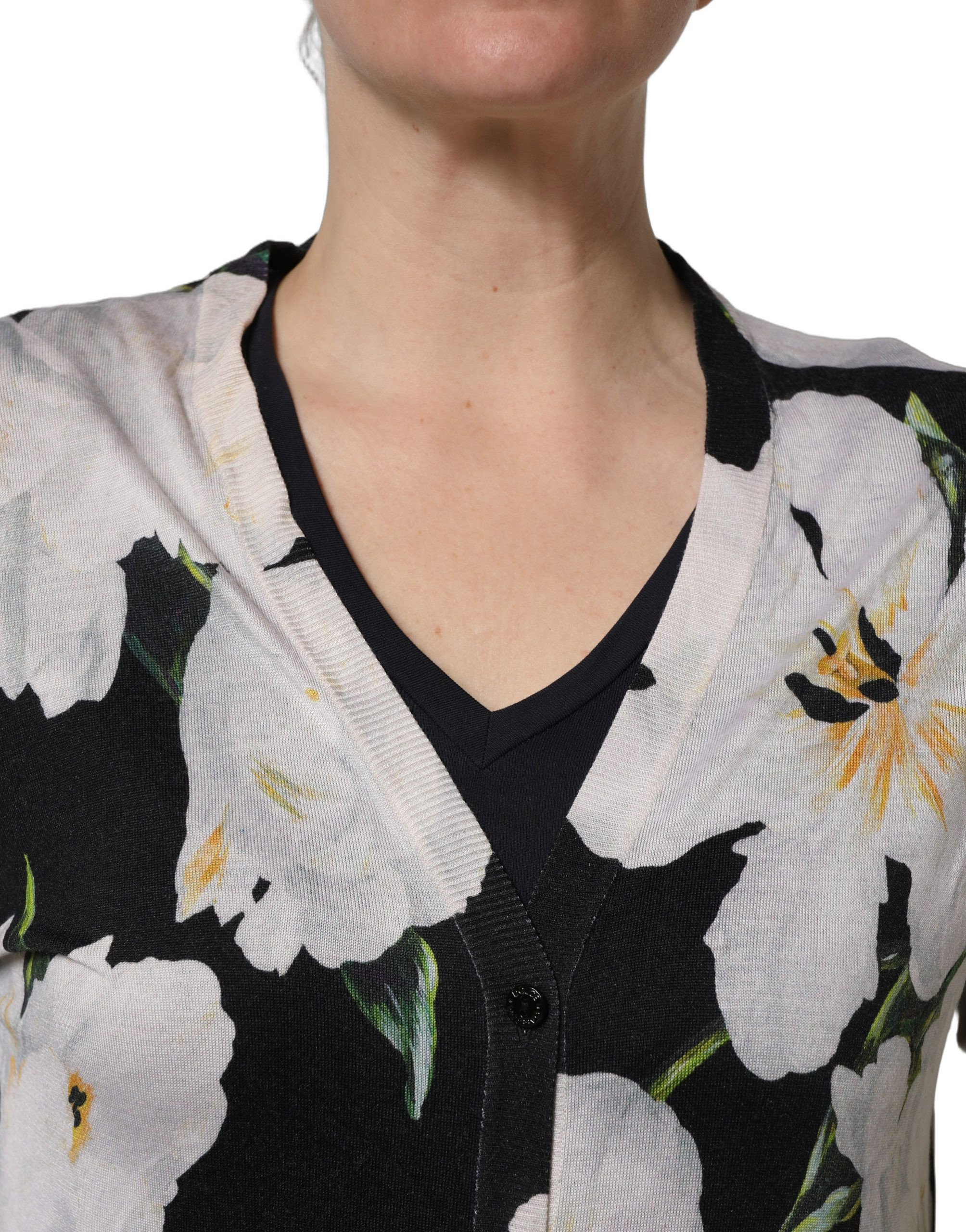 Dolce & Gabbana Schwarzer Damen Cardigan aus Kaschmir und Seide mit Blumenmuster