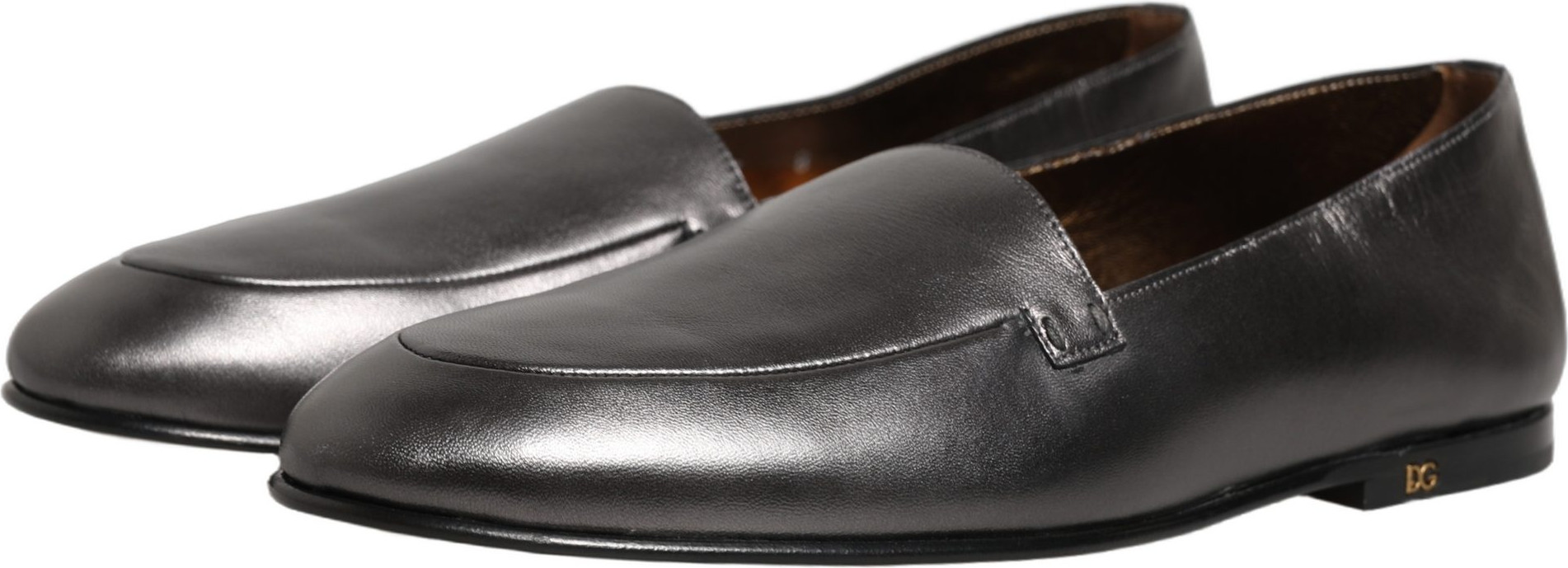 Shoes Dolce & Gabbana Silver Leather DG Logo Slip On Loafers