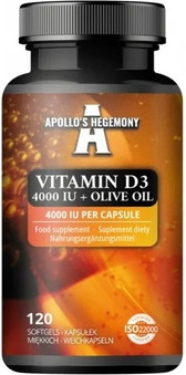 Nahrungsergänzungsmittel Apollo's Hegemony Vitamin D3 4000 Internationale Einheiten Olivenöl 120 Weichkapseln