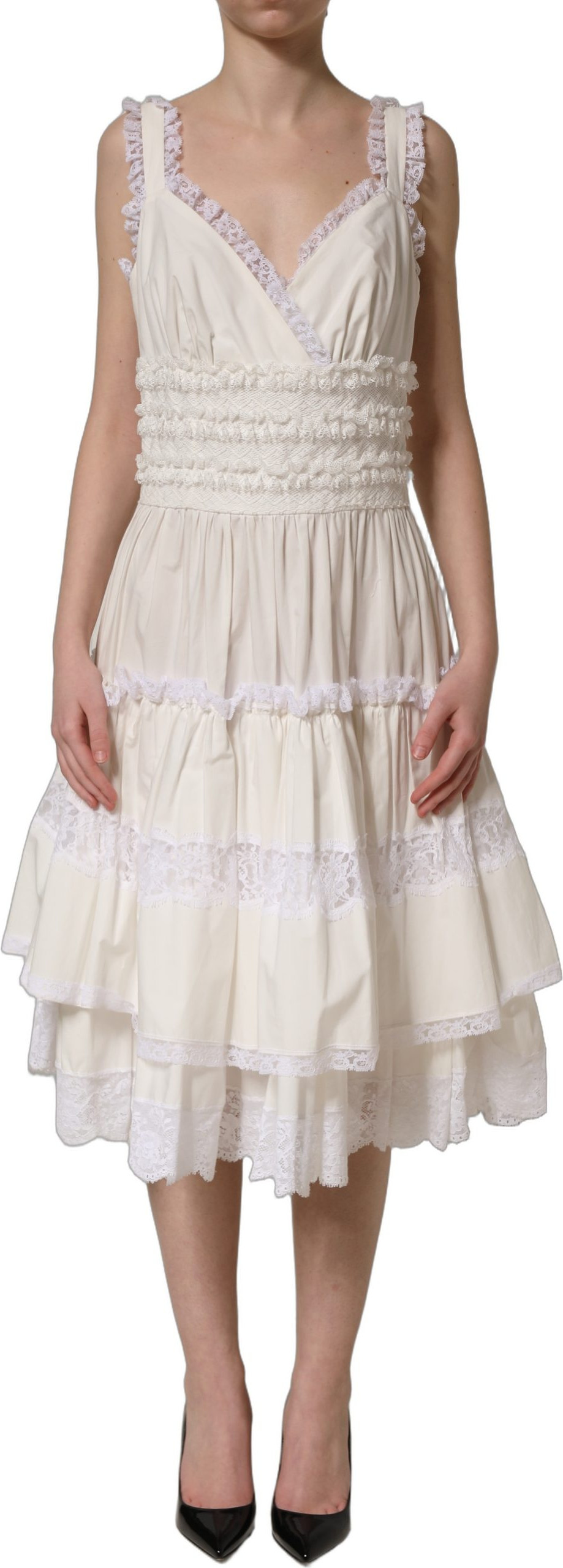Midi Dress Dolce & Gabbana White Cotton Poplin Ruffled Midi Dress