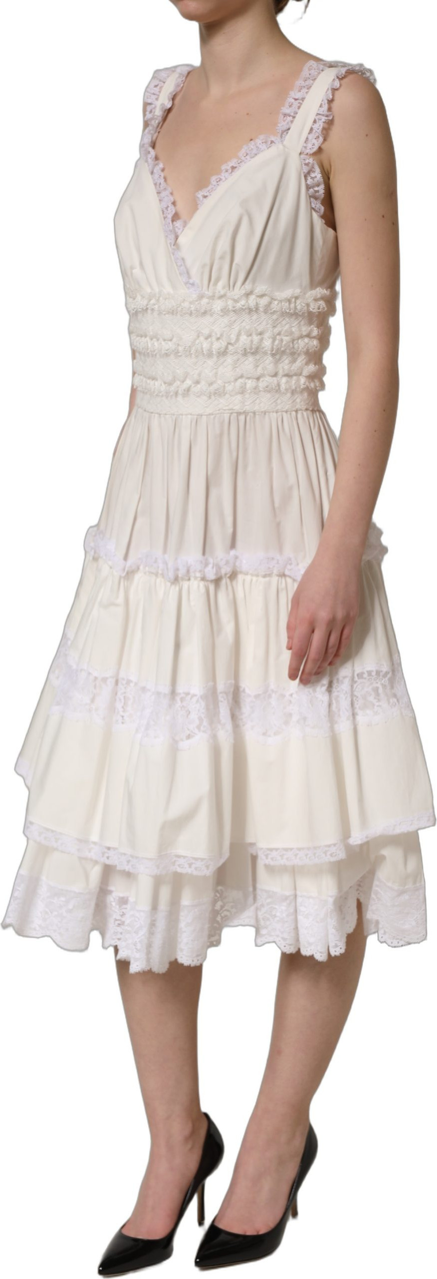 Midi Dress Dolce & Gabbana White Cotton Poplin Ruffled Midi Dress