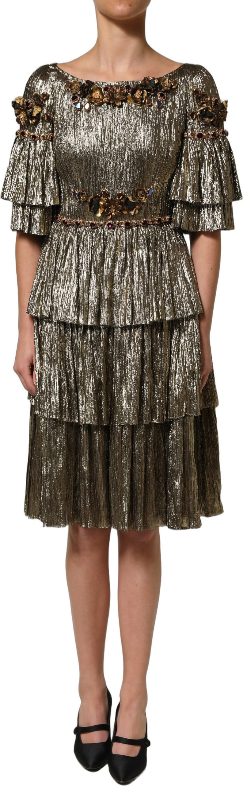 Dolce & Gabbana Metallic Gold Verzierter Gestufter Midi-Kleid
