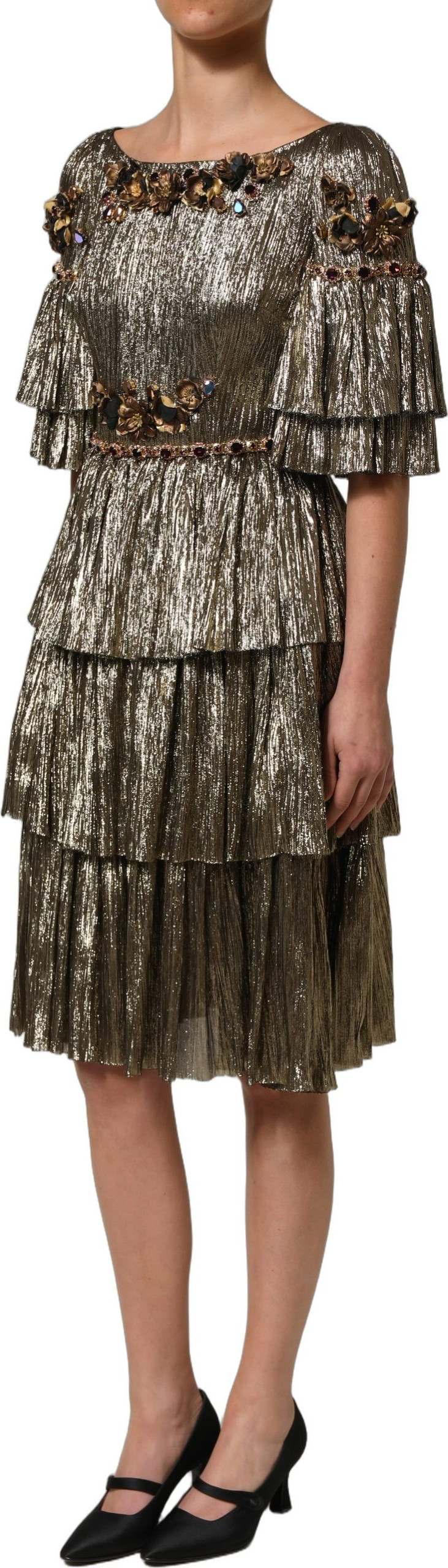 Dolce & Gabbana Metallic Gold Verzierter Gestufter Midi-Kleid
