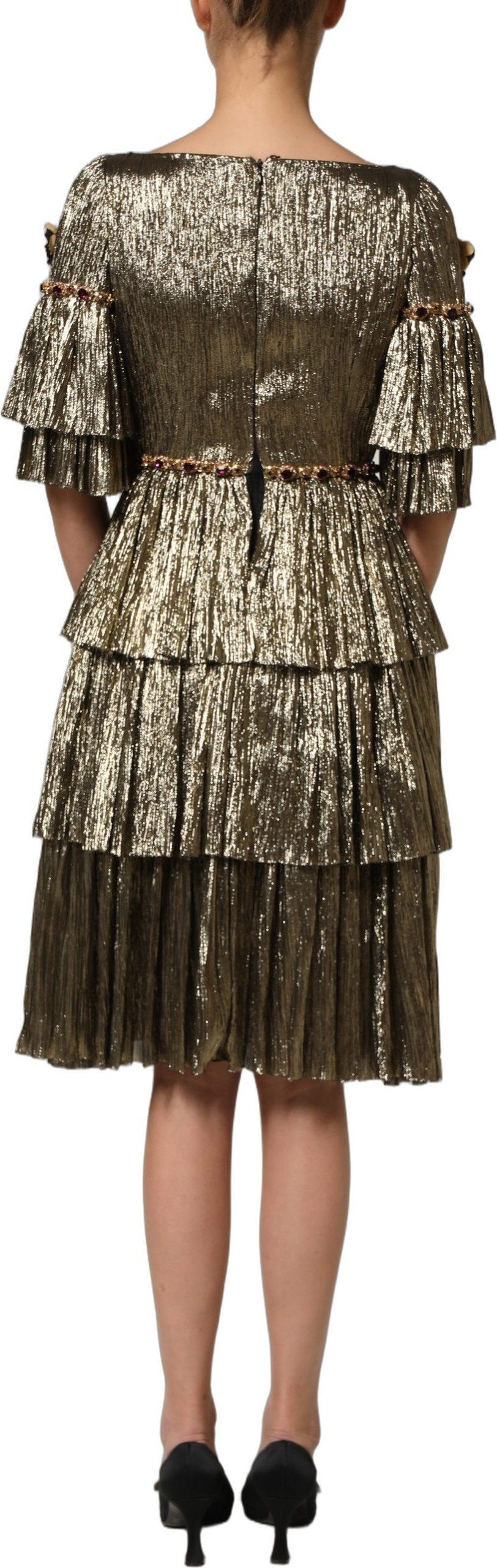 Dolce & Gabbana Metallic Gold Verzierter Gestufter Midi-Kleid