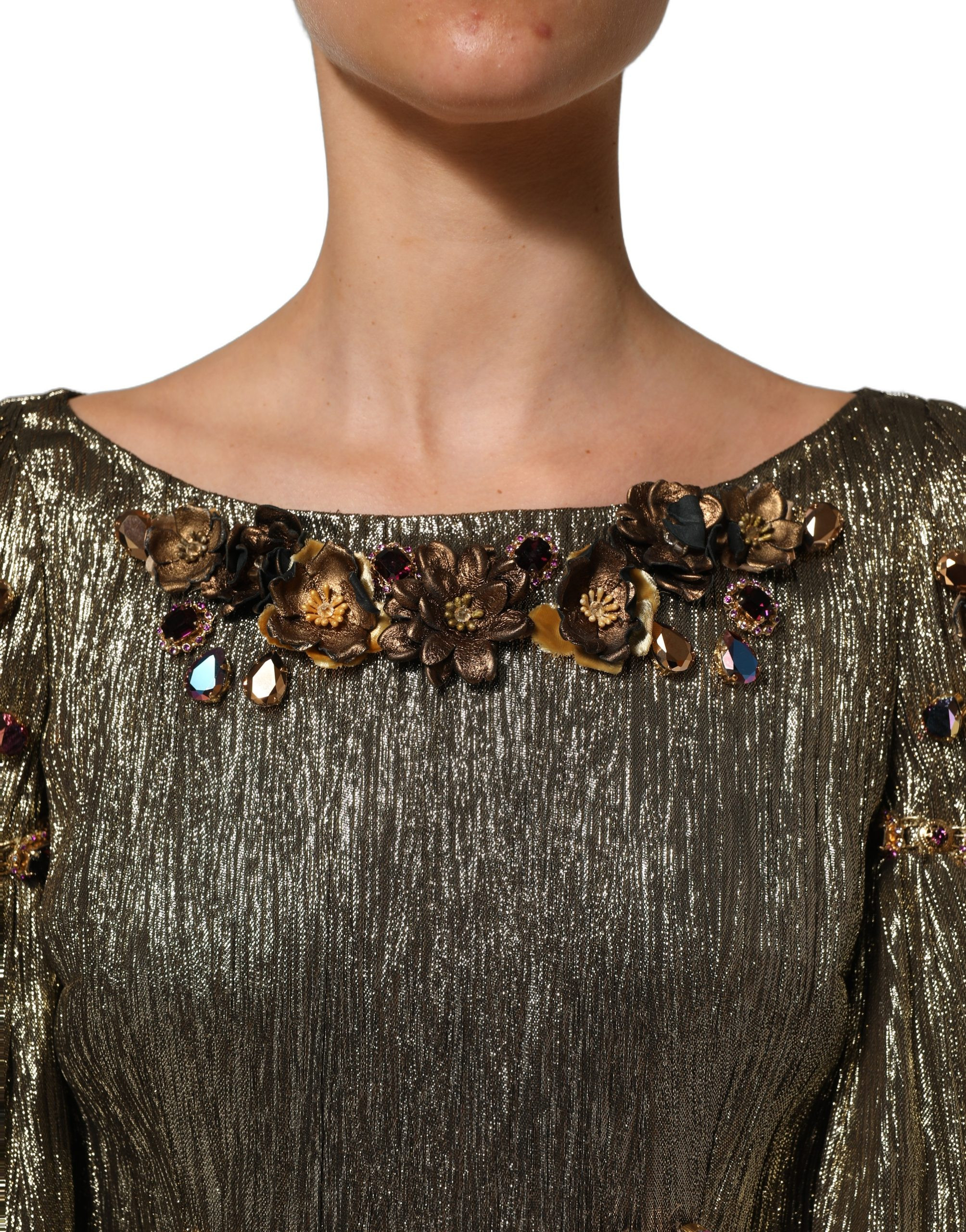 Dolce & Gabbana Metallic Gold Verzierter Gestufter Midi-Kleid